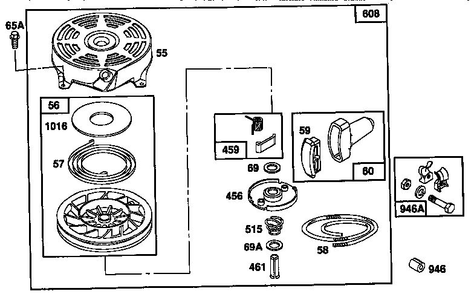 Rewind Starter Diagram and Parts List for 124700-124799 7055 Briggs and Stratton Engine